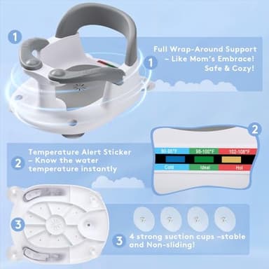 NFSVLB Baby Bath Seat for Babies 6 Months & Up Sitting Up with Temperature Alert+Soft Cushion+Suction Cup,Infant Bath Seat for Baby Bath Chair Toddler Bath seat for Bathtub Tub Shower Grey - Image 5
