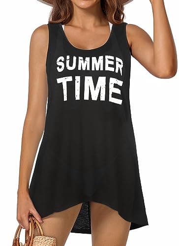elescat Womens Swim Cover Ups T Shirt Beach Casual Dress Sleeveless Bikini Coverup(Black Letters,S) - Image 1