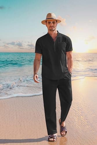 COOFANDY Men's Cotton Linen Sets 2 Piece Casual Navy Blue Henley Shirt Short Sleeve Beach pants with Pockets Outfits - Image 3