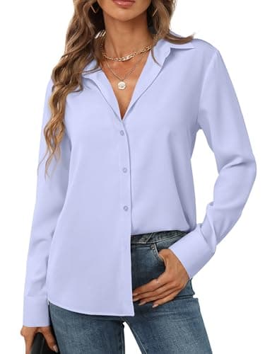 hearain Womens Button Down Shirts Long Sleeve Chiffon Blouse Basic Classic Collared Soft Shirt Periwinkle Size M - Image 3