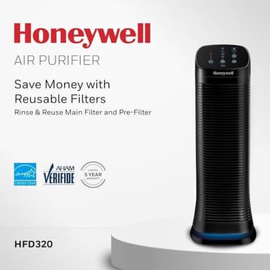 Honeywell Air Genius 5 Air Purifier for Large Rooms up to 1200 Ft², Permanent Washable Filters, Reduces Dust, Pollen, Pet Dander, Odors, Smoke, Black, HFD320 - Image 2
