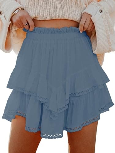Aoudery Flowy Shorts for Women Casual Boho Ruffle Tiered Skorts High Waist Mini Skirts Golf Tennis Butterfly Crochet Shorts - Denim Blue XL - Image 1