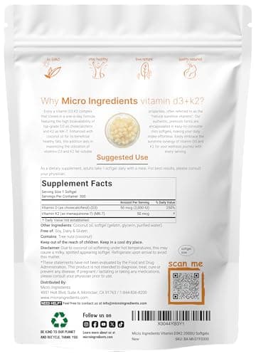 Micro Ingredients Vitamin D3 2,000 IU + K2 MK-7 50 mcg, 300 Softgels | Virgin Coconut Oil | 2-in-1 Bone, Immune & Heart Support | Easy to Swallow, Non-GMO - Image 2