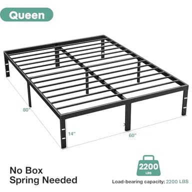 Sweetcrispy Queen Bed Frame - Heavy Duty Metal Platform Bed Frames Queen Size with Storage Space Under Frame, No Box Spring Needed, 14 Inches, Sturdy Steel Slat Support - Image 2