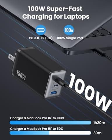 150W USB C Charger Block,GaN III Compact Foldable Wall Charger 3 Port Fast Charging Station,PD QC PPS Portable USB C Hub 100W Laptop Adapter for MacBook Pro/Air,iPad,iPhone 16/Pro,Galaxy S24,Dell etc - Image 3