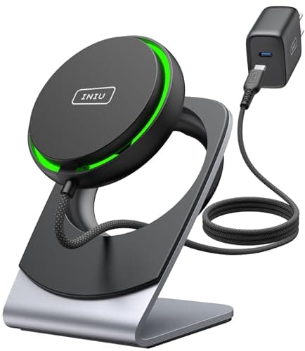 INIU Wireless Charger, 15W Fast Charging Magnetic Wireless Charger Stand, Travel Essential Wireless Charging Station with Sleep-Friendly Adaptive Light, for iPhone 16/15/14/13/12 Series, Airpods - Image 1