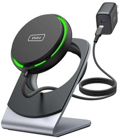 INIU Wireless Charger, 15W Fast Charging Magnetic Wireless Charger Stand, Travel Essential Wireless Charging Station with Sleep-Friendly Adaptive Light, for iPhone 16/15/14/13/12 Series, Airpods - Image 1