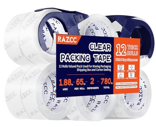 RAZCC Packing Tape, 12 Rolls Clear Heavy Duty Packaging Tape with Dispensers for Packing, Shipping, Moving and Mailing, Thicker Sealing Tape-1.88" x 65 Yards Per Roll, 780 Total Yards - Image 1