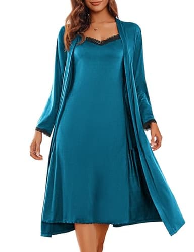 Ekouaer Women's Sexy Nightgown with Robes Set 2 Piece Lace Full Length Knit Soft Nightwear Lightweight Bathrobes Blue Green S - Image 1