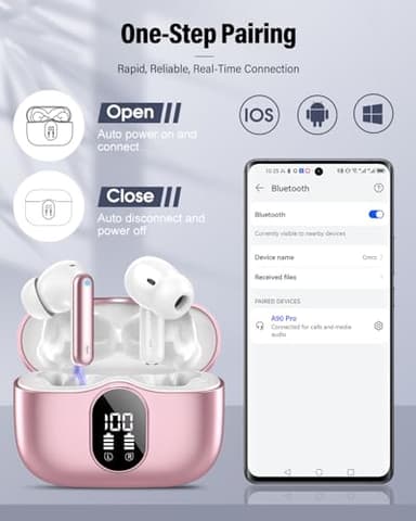 Wireless Earbuds, Bluetooth 5.4 Headphones Bass Stereo, Ear Buds with Noise Cancelling Mic, IP7 Waterproof in Ear Earphones, 36H LED Display Bluetooth Earbuds for Laptop Pad Phones Sports, Rose Gold - Image 6