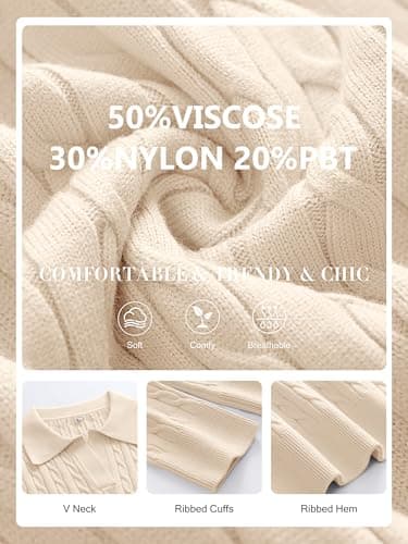 ANRABESS Womens Cable Knit Sweaters Long Sleeve V Neck Sweater Tops Casual Pullover Polo Shirts 2025 Fall Fashion Outfits Parchment Beige L - Image 7