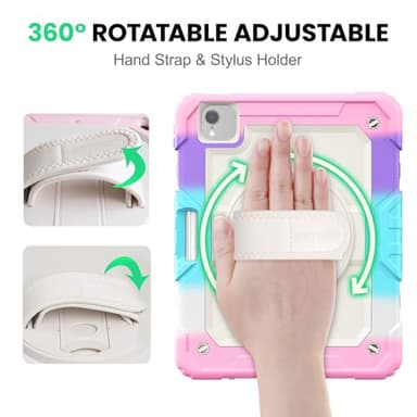 SEYMAC Case for iPad Air 5th/ 4th Generation 10.9", Full-Body Shockproof Protective Case with Screen Protector, Rotating Stand/Handle/Shoulder Strap/Pencil Holder for iPad Air 5/ Air 4, Colorful/Pink - Image 3