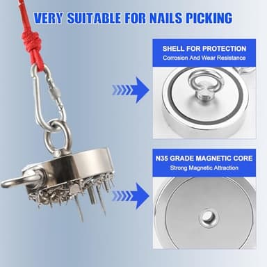 DIYMAG Strong Double Side Neodymium Fishing Magnets,750 lbs(340KG) Pulling Force Rare Earth Magnet with 20m (65 Foot) Durable Rope and Protective Gloves,for Retrieving in River and Magnetic Fish - Image 3