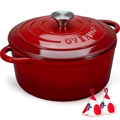 Overmont 5.5QT Enameled Cast Iron Dutch Oven with Lid Cookbook Heavy-Duty Casserole with Dual handles for Braising, Stews, Roasting, Bread Baking - Image 1