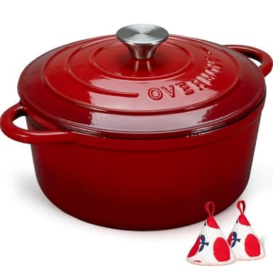 Overmont 5.5QT Enameled Cast Iron Dutch Oven with Lid Cookbook Heavy-Duty Casserole with Dual handles for Braising, Stews, Roasting, Bread Baking - Image 1