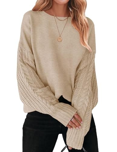 ZESICA Women's 2025 Fall Long Sleeve Crew Neck Solid Color Cable Knit Chunky Casual Oversized Pullover Sweater Tops Oatmeal Small - Image 1