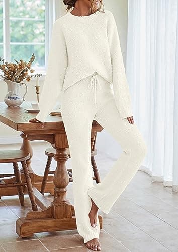 MEROKEETY Womens Pajama Sets 2025 Fall Lounge Sweater Set Cute Fuzzy Fleece 2 Piece Long Sleeve Cozy Winter Pj Outfits, Beige, Large - Image 7