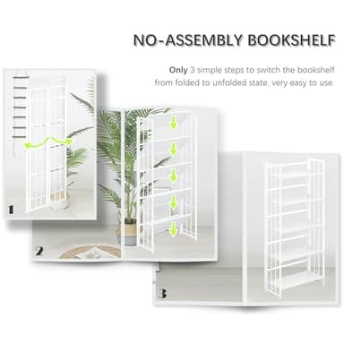 4NM No Assembly 5 Tiers Folding Bookshelf, 59.4" H Foldable Storage Shelves Vintage Bookcase Standing Racks Study Organizer Home Office - All White - Image 6