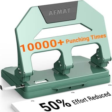 AFMAT HPX2 Heavy Duty 3 Hole Puncher, 40-Sheet Three Hole Punch Heavy Duty, 50% Reduced Effort Paper Punch, 10K+ Uses, Metal Hole Puncher 3 Ring w/Large Tray, Bulit-in S.S. Paper Guide, Green - Image 1