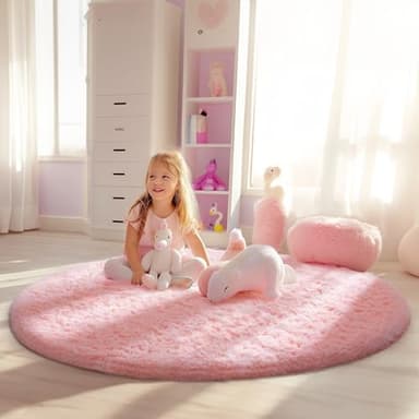 Ophanie Pink Round Rug for Bedroom Girls, Kids Fluffy Kawaii Fuzzy Furry Shag Area Rug, Cute Plush Soft Shaggy Bedside Circular Rugs 4Ft, Carpet for Teen Nursery Dorm Home Room Decor Aesthetic - Image 5