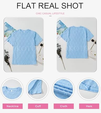 Dokotoo Womens Spring Tops for Women 2025 Trendy Dressy Casual Eyelet Embroidery Hollow Out Lace Crochet Short Sleeve Shirts for Women Summer Loose Blouse Tunic Top Tee T Shirt for Work Sky Blue M - Image 6