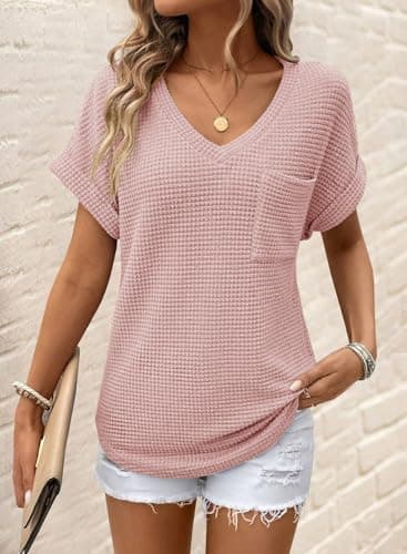 Dokotoo Cute Summer Tops for Women V Neck Short Sleeve Waffle Knit Shirts Fashion 2025 Spring Business Casual Ladies Tops and Blouses Cruise Outfits Shirts Tops for Women Apricot Pink - Image 2