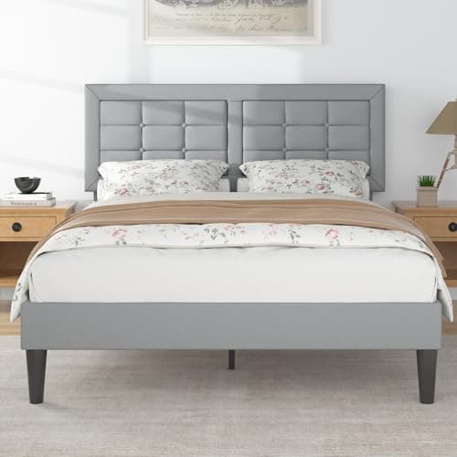 VECELO Full Size Bed Frame with Adjustable Headboard, Upholstered Button Tufted Platform Bedframe with Wood Slats Support, No Box Spring Needed, Light Grey - Image 1