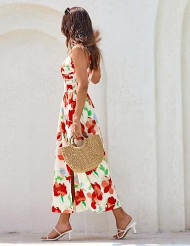Women's Casual Maxi Sundress Sleeveless Spaghetti Strap Twist Front Floral A line Beach Dress with Pockets Red Floral XL - Image 6