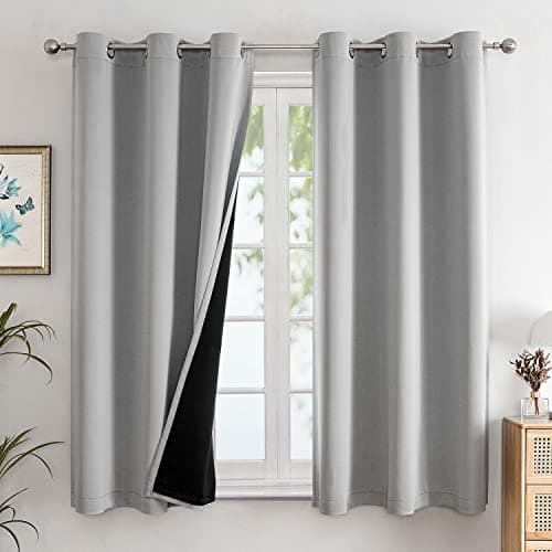 ChrisDowa 100% Blackout Curtains for Bedroom with Black Liner, 2 Thick Layers Total Blackout Thermal Insulated Grommet Window Curtains 63 Inch Length 2 Panels Set (Light Grey, 42 x 63 Inch) - Image 1