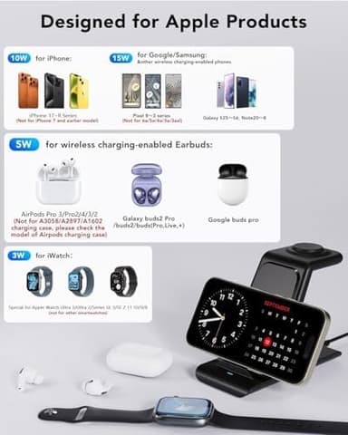 HATALKIN 3 in 1 Wireless Charging Station Compatible for Apple Products Multiple Devices Charger for Apple Watch Ultra 11 10 9 8 7 SE AirPods Pro iPhone 17 16 15 14 13 Pro Max/X/XS Fast Charger Stand - Image 3