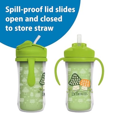 Dr. Brown's Milestones Insulated Sippy Cup with Straw and Handles, Spill-Proof Tumbler with Lid, 2-Pack, Blue & Green, 10 oz/300 mL, BPA Free, 12m+ - Image 6