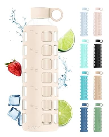 purifyou 40oz / 32oz / 22oz / 12oz Borosilicate Glass Water Bottle with Time & Volume Markers, Silicone Sleeve, Stainless Steel Lid | Reusable Glass Bottle for Water & Juice (32oz Pearled Ivory) - Image 1