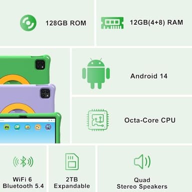 CALLSKY-NOTE Kids Tablet 11 Inch, Android Tablet with 2 Years Protection, 12GB+128GB, 8000mAh, with EVA Case, Parental Control, Pre-installed Educational APP, WiFi 6, Dual Camera, Quad Speakers, Green - Image 3