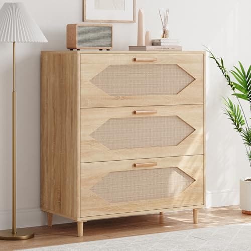 GAOMON 3 Drawer Rattan Dresser for Bedroom, Rattan Modern Dresser Wood Chest of Drawers, Wooden Storage Cabinets for Bedrooms, Hallways, Living Rooms, and Entryways, Easy Assemble, Natural - Image 1