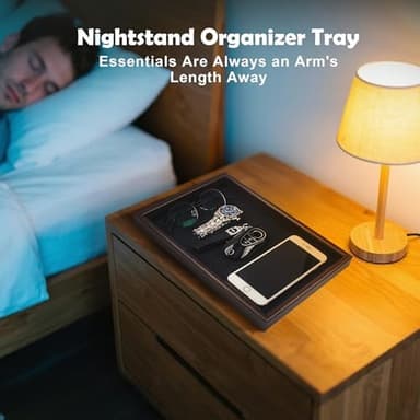 Zosenley Wooden Valet Tray with Leather Base - Nightstand Catchall Organizer for Cologne, Perfume, Keys, Wallet, Phone, Watch, Jewelry & Sunglasses (Black - Image 5