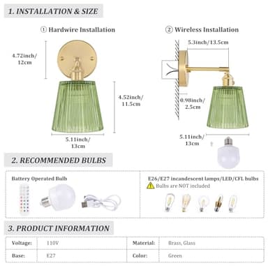 Shenmoyl Vintage Battery Operated Wall Sconce with Green Stripe Glass Lampshade Rechargeable Battery Powered Wall Light with Remote Control for Bedside Bedroom Doorway, Set of 2 - Image 6
