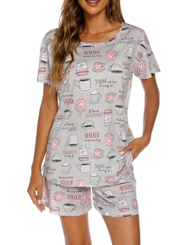 ENJOYNIGHT Womens Pajama Shorts Sets Cotton Pjs Summer Cute Sleepwear with Pockets (Medium, Grey Cup) - Image 1