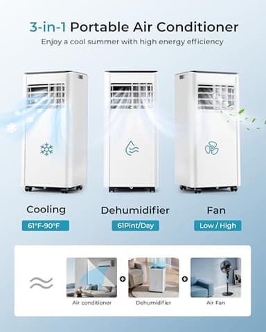 EUHOMY 10,000 BTU Portable Air Conditioners Up to 450 sq.ft, 3-1 Standing Smart Cooling AC with Remote, Dehumidifier, Fan, Air Conditioner Cools Room, 3 Modes, 24-hour timer, LED Display, Bedroom - Image 6
