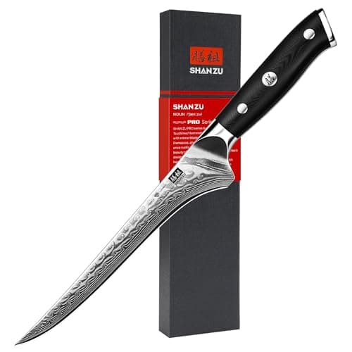 SHAN ZU 7 Inch Fillet Knife, Japanese Steel Damascus Boning Knife, Professional Sharp High Carbon Super Steel Kitchen Utility Knife with Ergonomic G10 Glass Fiber Handle - Image 1