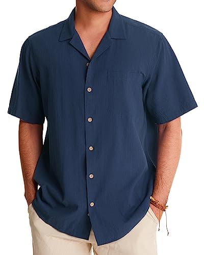 Alimens & Gentle Mens Linen Shirt Cuban Short Sleeve Button Down Shirts Cotton Summer Beach Shirts Vacation Hawaiian Shirts Navy Blue - Image 1