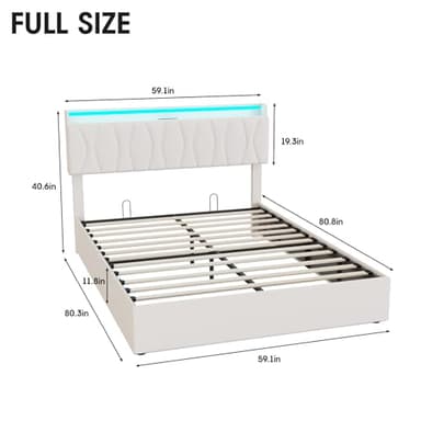 Full Size Lift Up Storage Bed Frame, Height Adjustable Storage Headboard with Charging Station, LED Lights Upholstered Platform Bed, Wooden Slat, No Box Spring Needed, Noise-Free, Beige - Image 2