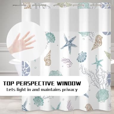 Meiguiman No Hook Shower Curtain Nautical Coastal Shower Curtain with Snap in Liner Set Ocean Beach Coral Starfish Bathroom Curtains No Hook Double Layers Fabric Washable 71x74 Inch - Image 2