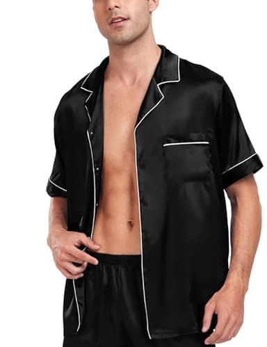 SWOMOG Men Satin Silk Pajamas Sets Short Sleeve Sleepwear Button-Down PJs Sets Two-Pieces Loungewear with Pockets Black - Image 2