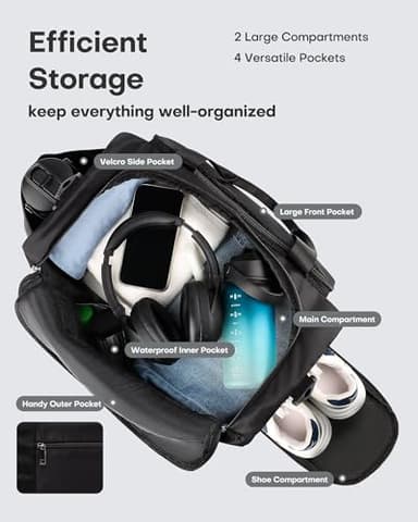 HOTOR Gym Bag for Men and Women - Travel Duffle Bag with Shoe Compartment and Waterproof Pocket, Carry on Luggage with Trolley Sleeve for Sports, Weekend Trips, Black, 19.7" × 9.8" × 11.8" - Image 2