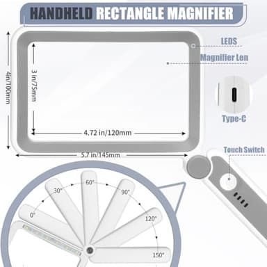 AKKYCVS Magnifying Glass with Light, Rechargeable 5X Large Page Magnifier for Reading, Folding Handheld Dimmable, LED Lighted Rectangle Magnifier for Reading Book Small Print for Seniors Low Vision - Image 6