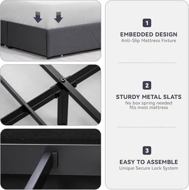 COMHOMA King Size Metal Bed Frame with Upholstered Headboard,Storage Drawers,USB & Type-C Charging Ports,No Box Spring Needed,Dark Grey - Image 7