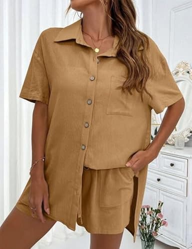 APAFES Women Summer Cotton Linen Short Sets 2 Piece Shorts Top Lounge Beach Vacation Two Piece Outfits Tracksuits(Khaki-XL) - Image 2