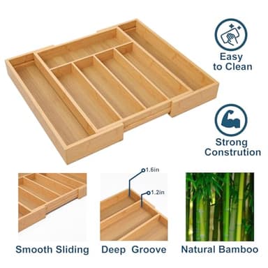 Fibogollo Expandable Kitchen Drawer Organizer,Bamboo Silverware Organizer for Utensils,Adjustable Flatware Tray(14.96 * 11.69~19.68 * 1.96) - Image 4