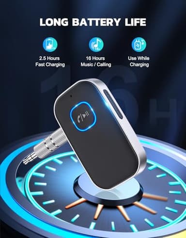 COMSOON Bluetooth Receiver for Car, Noise Cancelling 3.5mm AUX Bluetooth Car Adapter, Wireless Audio Receiver for Home Stereo/Wired Headphones, Hands-Free Call, 16H Battery Life - Black+Silver - Image 6