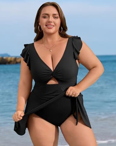Charmo Women's Tie Knot Plus Size Swimsuit for Women Tummy Control One Piece Bathing Suit Slimming Ruffle Swimdress Black 2X - Image 3